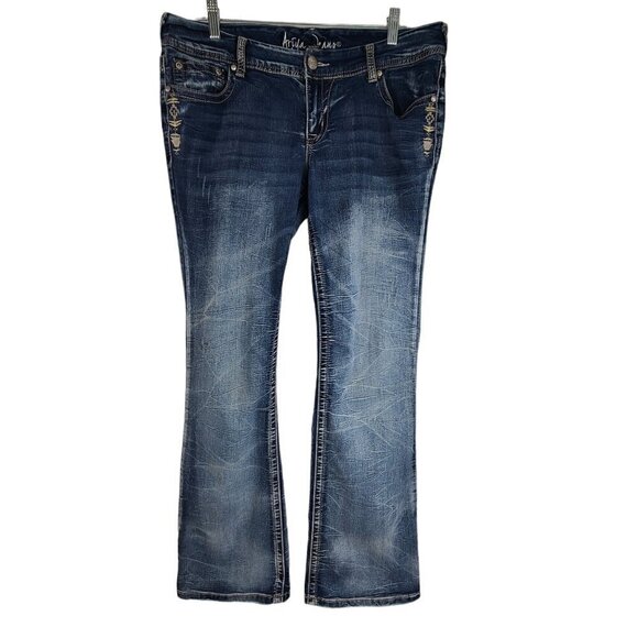 Arya Jeans Embroidered Flap Pockets 90s Y2K Flared Stretch Mid Rise Denim 35X32 - Picture 3 of 12